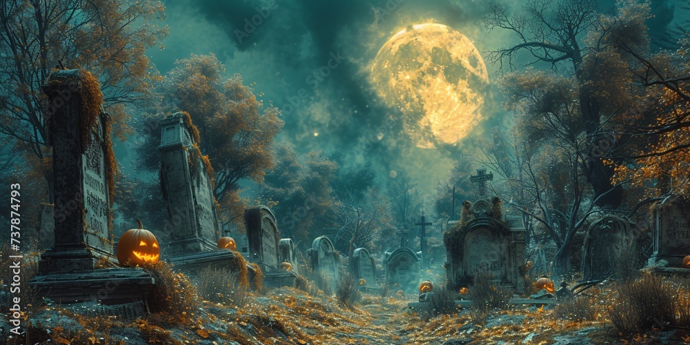 Ghostly Halloween Night A Moonlit Cemetery Generative AI