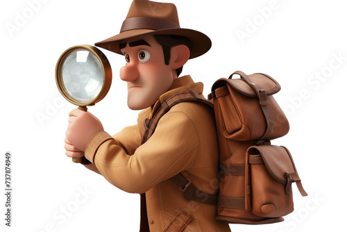 Illustration of cartoonic explorer with a magnifying glass, isolated on transparent background, PNG File photo