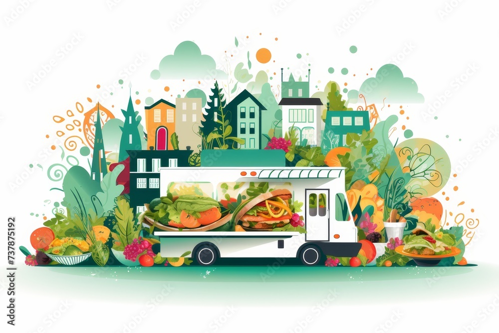 Naklejka premium Illustration of a food truck featuring eco-friendly and sustainable packaging solutions