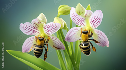 Bee orchid double flower against green background