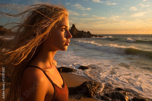 Young woman enjoying a beautiful sunset on the seashore  feeling calm by the sea. Copy space