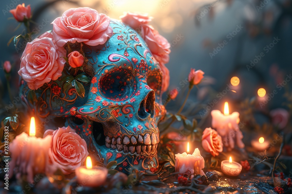 Skeleton with Roses and Candles A Creepy and Cute Halloween Decoration Generative AI