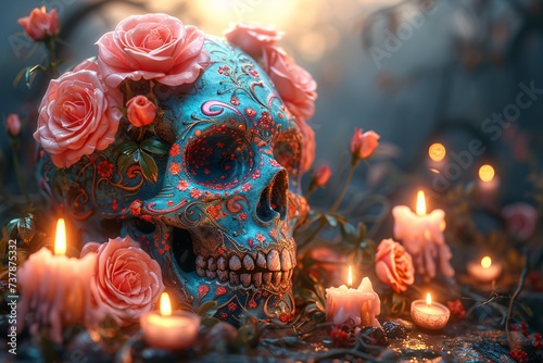 Skeleton with Roses and Candles A Creepy and Cute Halloween Decoration Generative AI © Riya