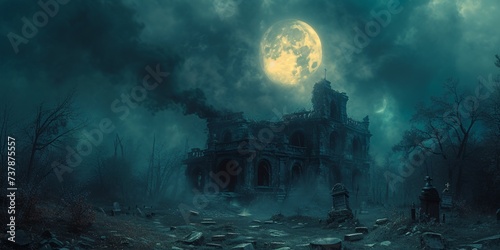 Ghostly Moonlit Night at the Abandoned Mansion Generative AI