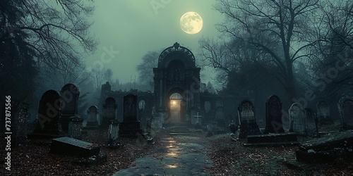 Ghostly Nighttime Stroll Through a Cemetery Generative AI
