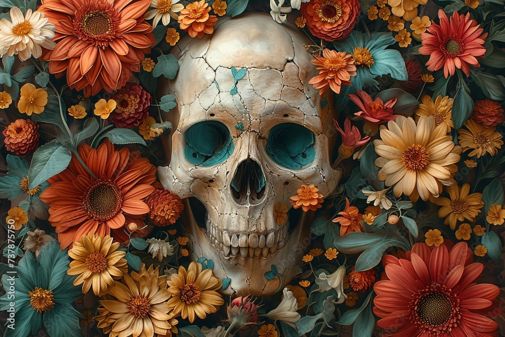 Flower Power Skull A Bone-Chilling Flower-Covered Skull Generative AI