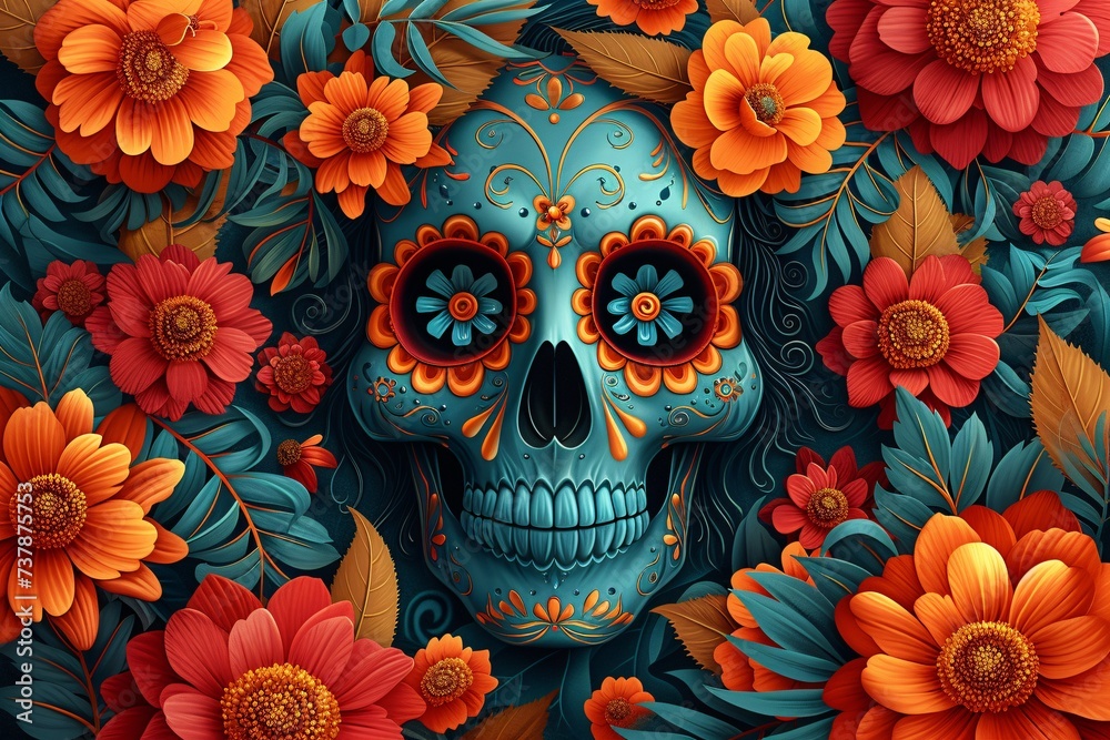 DÃa de los Muertos Skull with Flower Decoration Generative AI DÃa de los Muertos Skull with Flower Decoration Generative AI