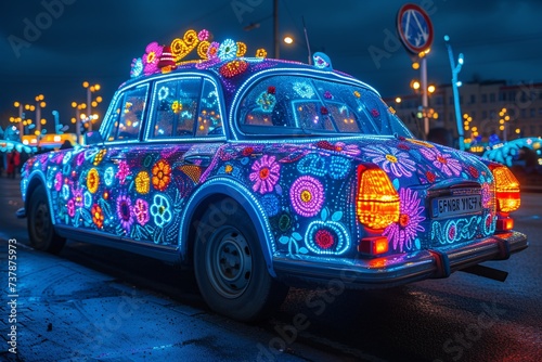 Glowing Flower Car Generative AI photo
