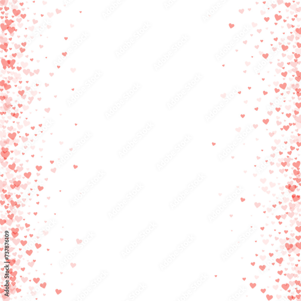 Falling hearts valentine card template. Red hearts scattered on white background. Chaotic falling hearts vector illustration.