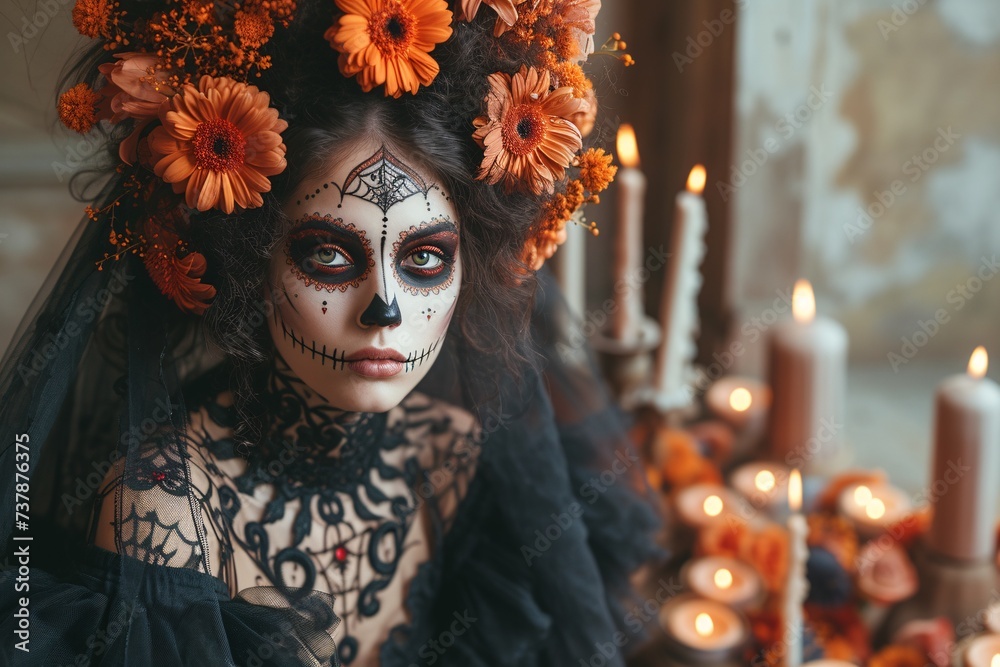 Halloween Makeup Inspiration A Sugar Skull with Orange Flowers Generative AI