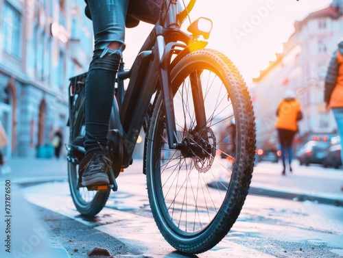 Eco-Friendly Transport: Cyclist riding an electric bike on a city street  © RDO