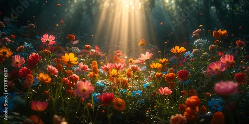 Blooming Bliss A Sunlit Flower Field in May Generative AI photo