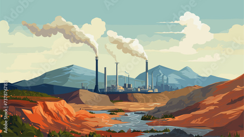Abstract polluted mountain landscape with mining and industrial activity  representing habitat destruction. simple Vector art