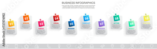 Vector infographic template with ten icons or steps square shape. Modern infographics business concept for diagrams, flow charts, websites, banners, presentations, printed materials with 10 options.
