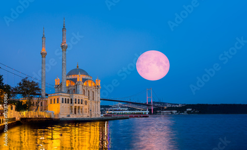 Ortakoy mosque and Bosphorus Bridge with full moon - istanbul, Turkey "Elements of this image furnished by NASA