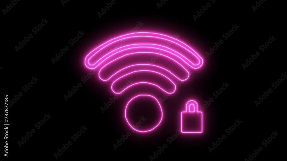 Neon Wi-Fi signal icon animated. Glowing network sign and black background. Neon Wi-Fi signal icon animated. Glowing network sign and black background.