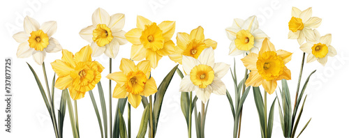 Yellow daffodils watercolor on a white background. A set of garden flowers. 