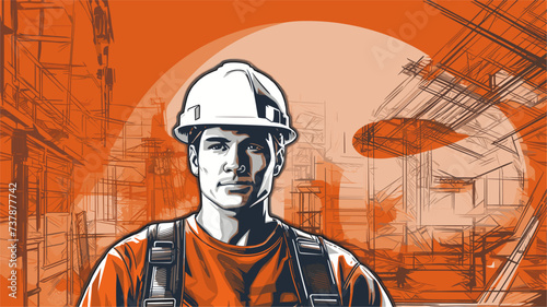 Abstract construction worker with a hard hat and tools  symbolizing labor in construction. simple Vector art