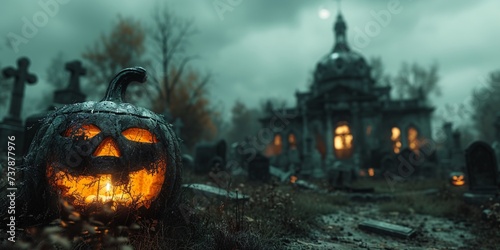 Halloween Night at the Cemetery A Spooky Pumpkin Patch Generative AI