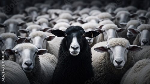 A Lone Black Sheep Surrounded by White Sheep © crazyass