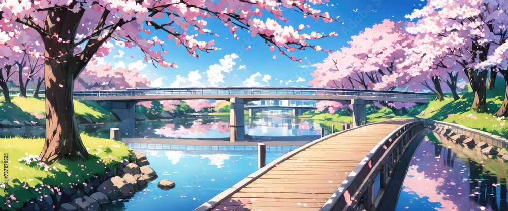 Bridge beside the river with cherry blossoms in full bloom. a landscape of tranquility. - obrazy, fototapety, plakaty 