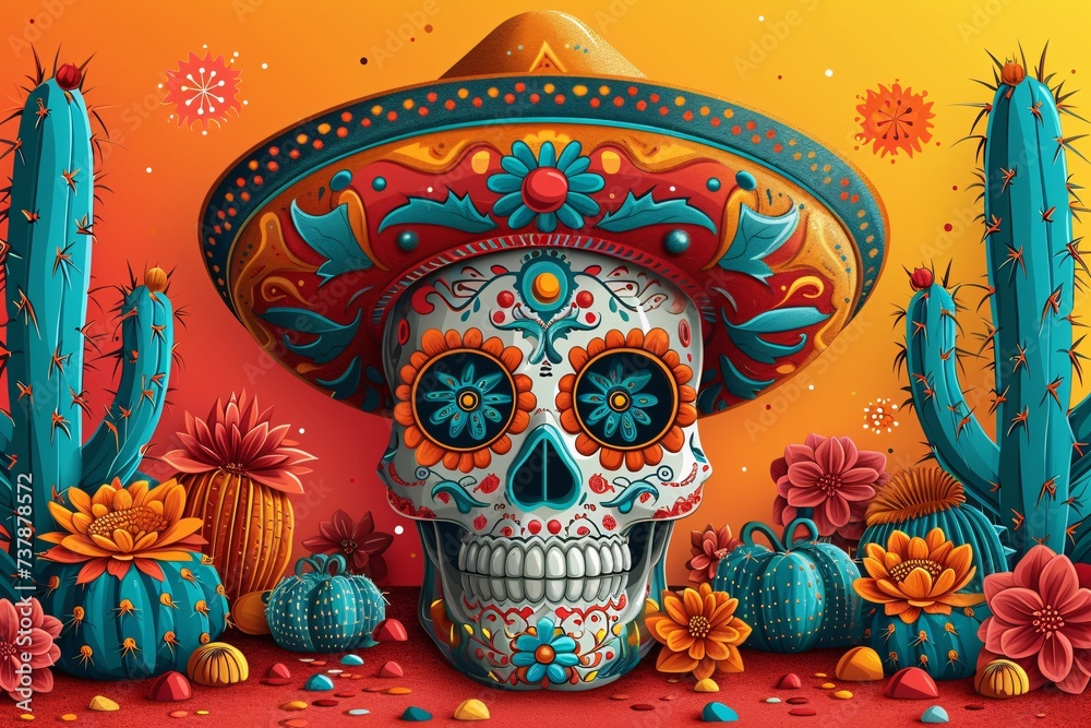 Celebrate DÃ­a de los Muertos with a Vibrant Skull Decoration Generative AI