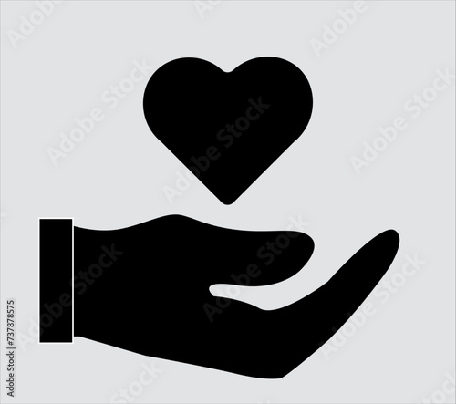 Heart in hand. Vector icon, black, isolated white, hands holding,Care, charity and love concept, Flat,Silhouette, Donation and Peace,Health, medicine symbol. Healthcare