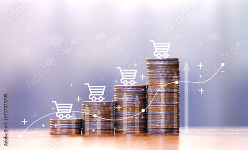Inflation in ecommerce business growth concept Inflation rate Rising food costs and grocery prices Stacked coins with shopping cart icon with up arrow