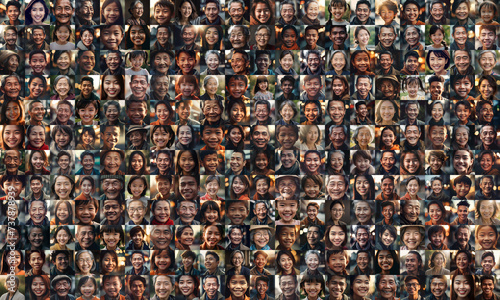 collage of asian people smiling, collage of portrait, grid of 240 cheerful faces, group photo