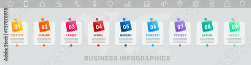 Infographic vector futuristic template with nine steps and options square shape. Modern infographics business concept for diagrams, flow charts, websites, banners, presentations.