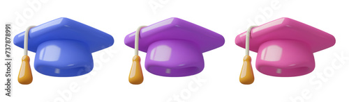 Graduation caps 3d realistic cute minimal vector illustration. Purple, blue and pink ceremony student hats three dimensional plastic icons.