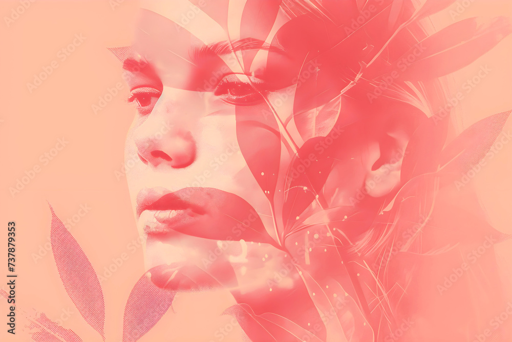 Double exposure of beautiful woman face and peach leaves. Beauty and fashion concept.