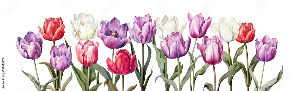 Tulips watercolor on a white background. A set of garden flowers. Tulips watercolor on a white background. A set of garden flowers.