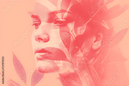 Double exposure of beautiful woman face and peach leaves. Beauty and fashion concept. photo
