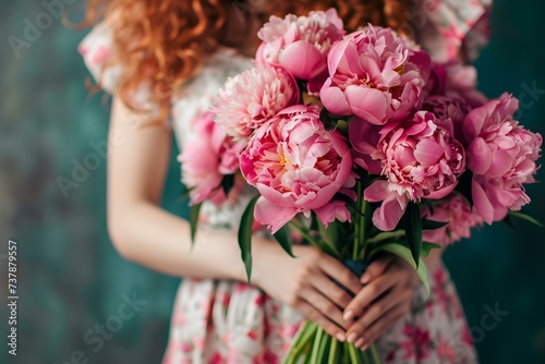 Fototapeta Naklejka Na Ścianę i Meble -  Woman holding a vibrant bouquet of pink peonies to celebrate special occasions. Concept Bouquet of Pink Peonies, Special Occasions, Vibrant Flowers, Beautiful Celebrations, Floral Delight