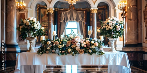 Elegantly adorned bride and groom's table set for a magnificent wedding banquet. Concept Exquisite table decor, Opulent floral arrangements, Luxurious place settings, Lavish wedding banquet