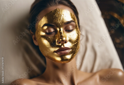Lifestyle portrait of woman at luxury spa with gold face mask treatment, Close up © Anna