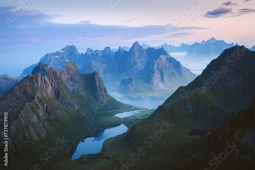 Lofoten islands mountains landscape in Norway aerial view sunset peaks and fjord scandinavian nature Flakstadoya scenery beautiful destinations summer season