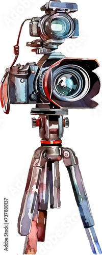 Watercolor tripod camera on white background
