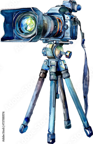 Watercolor tripod camera on white background