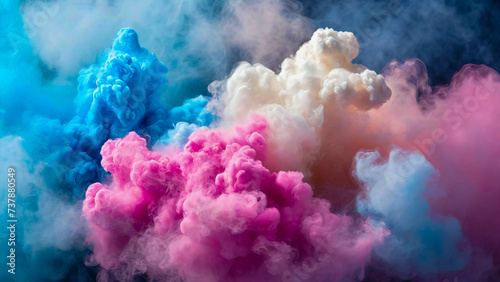 The image features a cloud of smoke in a dark room. The smoke is blue, pink, and white.