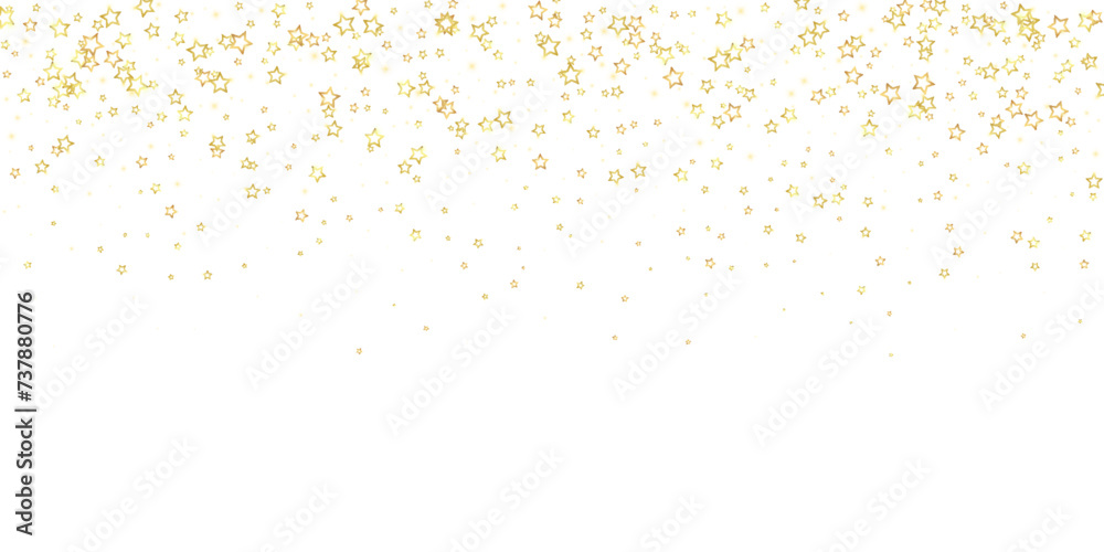 Gold sparkling star confetti. Chaotic dreamy childish overlay template. Festive stars vector illustration on white background.
