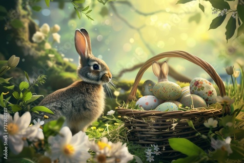 Happy Easter Eggs Basket Blended hues. Bunny in flower easter mystery decoration Garden. Cute hare 3d Birthday Card easter rabbit spring illustration. Holy week render pass card wallpaper Lush Green