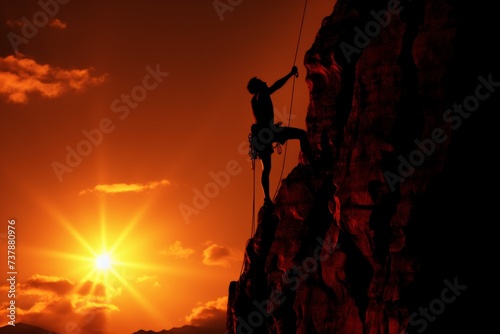 Adventurous rock climber scaling majestic mountain against breathtaking sunset background