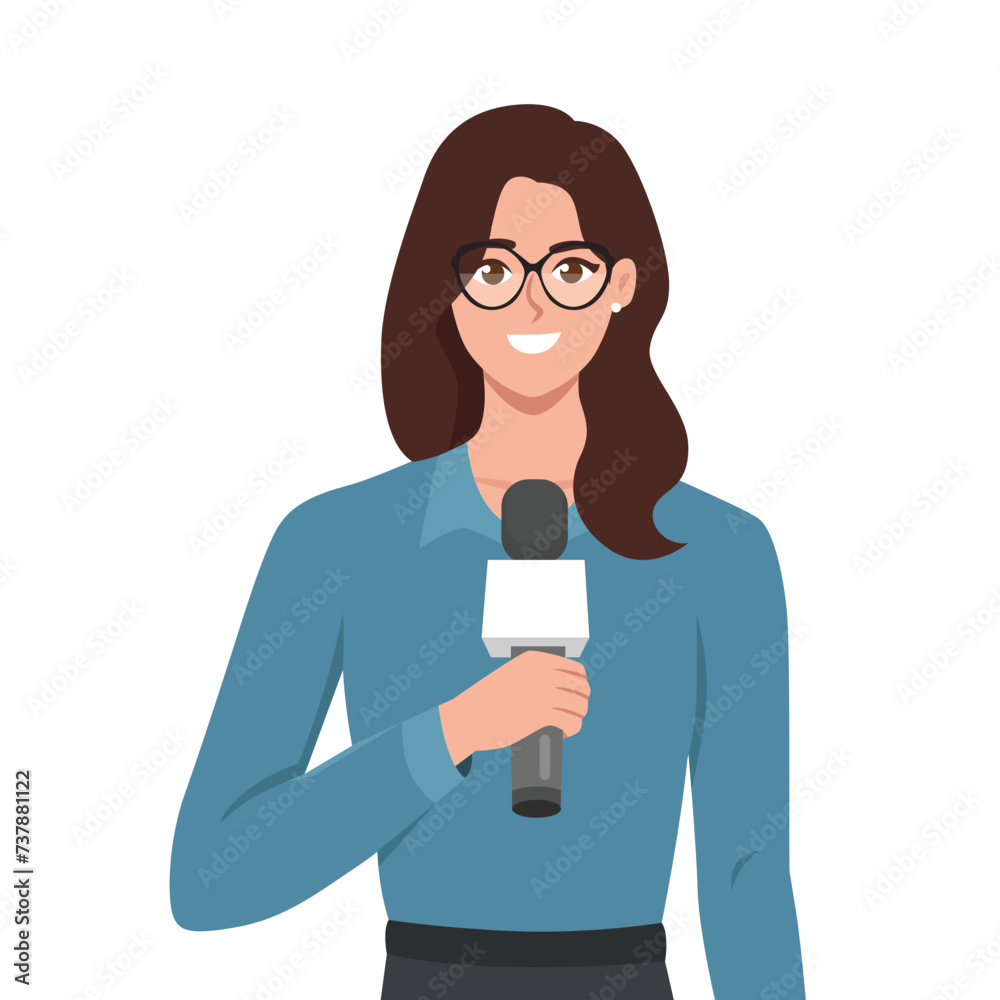 Journalist woman. Beautiful lady reporter holding microphone. Flat vector illustration isolated on white background Journalist woman. Beautiful lady reporter holding microphone. Flat vector illustration isolated on white background