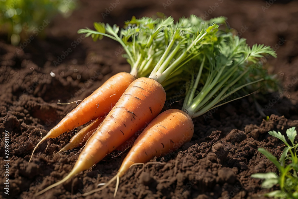 Closeup of ripe carrots in soil. Perfect for organic farming concepts. Ample space for text. Closeup of ripe carrots in soil. Perfect for organic farming concepts. Ample space for text.