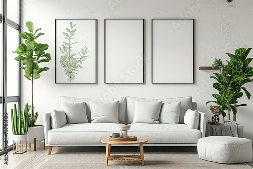 Three vertical frame mockup, ISO A2 frame mockup, mockup poster on the wall of living room. Interior mockup, modern living room with white sofa and beige pillows wall art mockup