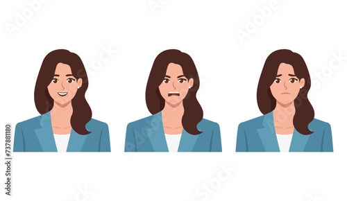 Woman wearing suit with 3 emotions. Happy, Angry, and Sad. Flat vector illustration isolated on white background