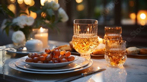 icture a sophisticated Ramadan Iftar table setting, captured in stunning The table is adorned with elegant dinnerware, gold cutlery, and crystal glasses, set against a backdrop of pastel linens that 