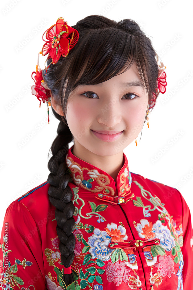 a smile china young girl, red tradition clothes, white background isolated PNG a smile china young girl, red tradition clothes, white background isolated PNG